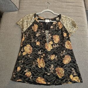 Anthro HD In Paris Black Orange Floral Bobo Silk Lined Metallic Casual Top Sz 0